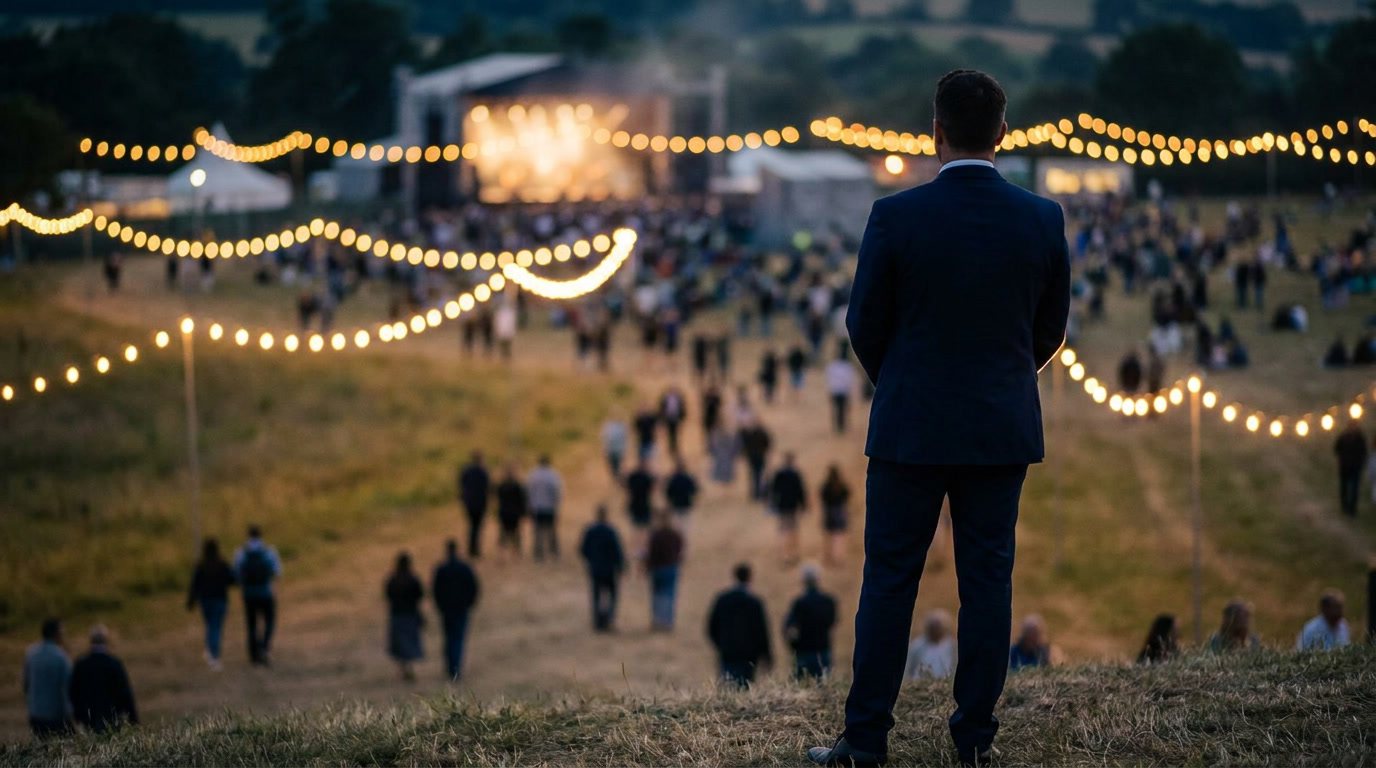 Eventsteward overziet een festivalterrein in de avond