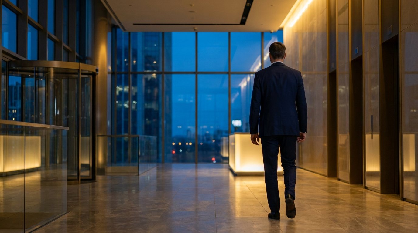 Controle-ronde door een kantoorlobby in de avond