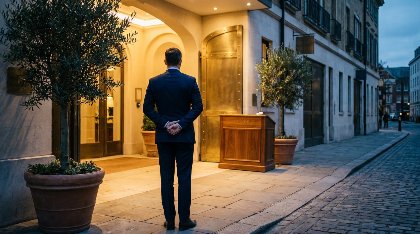 Gastheer in pak bij de entree van een locatie in de avond